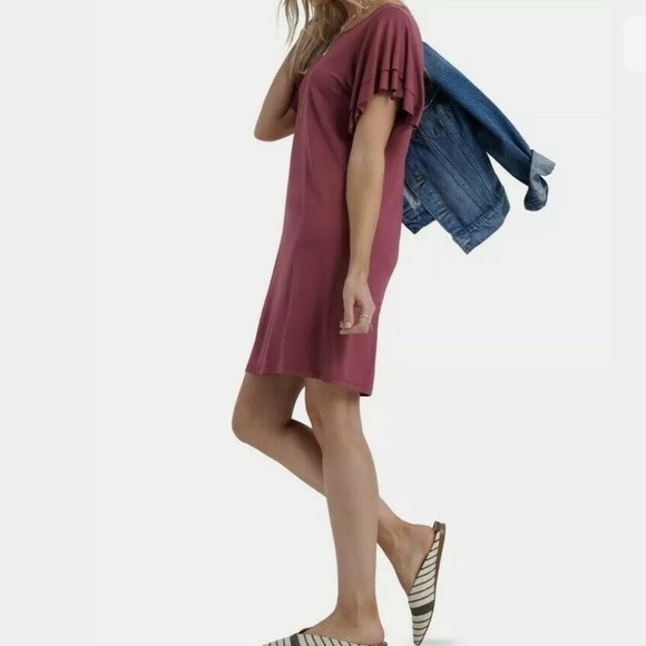 LUCKY BRAND Ruffled Sleeve T-Shirt Dress Wine S/P - Picture 3 of 6
